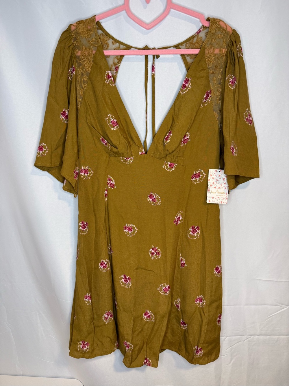 Free People Olive Floral Split-Neck Dress with Pink Accents - Picture 1 of 5